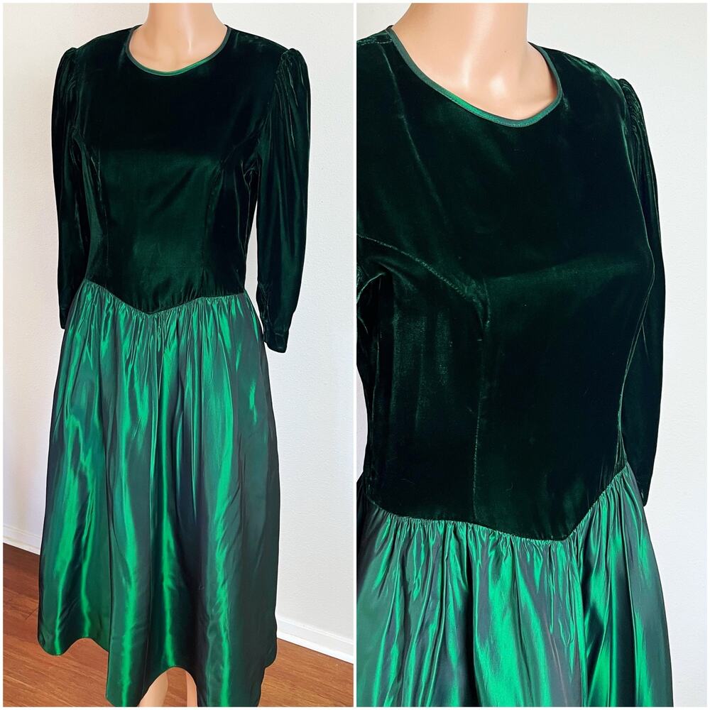 Vintage 80s Green Velvet Taffeta Holiday Dress by Lanz Originals // Medium‎ 6